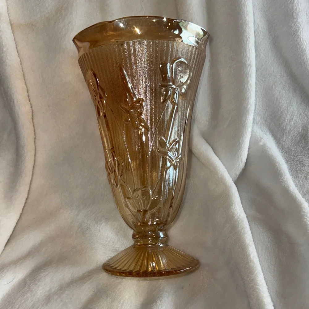 Vintage Jeannette Marigold Carnival Glass Footed Vase Iris & Herringbone 9